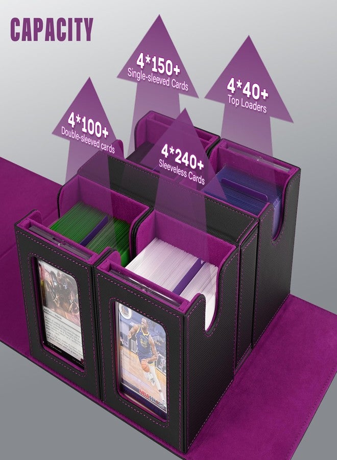 Kabinka Commander Deck Box for MTG Fits 400+ Double-Sleeved Card Storage, 5 IN 1 Removable Card Case with Dice Tray, Display Window for TCG/PTCG/EDH, 4 Magnetic One Touch Holders (Black Purple) - Image 4